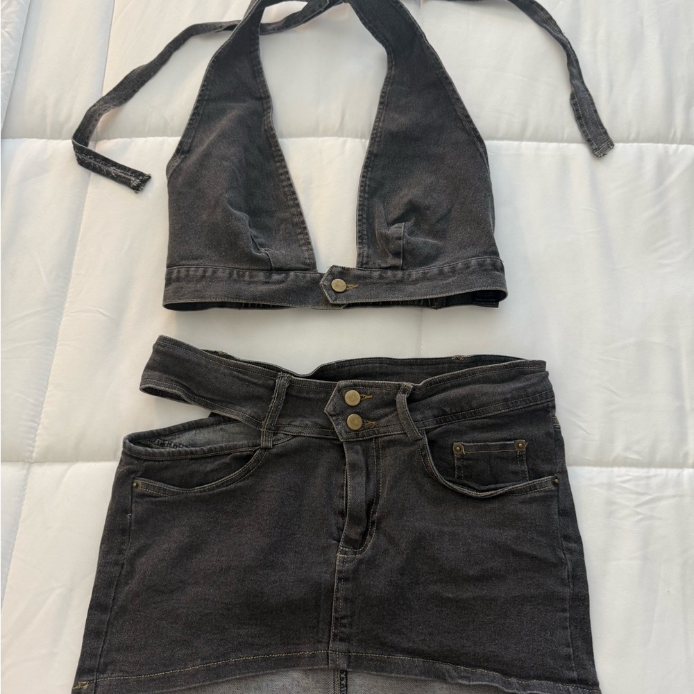 Black Denim Halter Top and Skirt Set